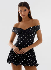 Endless Romance Off Shoulder Mini Dress - Black Polkadot