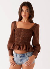 Joyce Long Sleeve Cotton Shirred Top - Chocolate