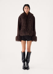 Kamsy Faux Fur Trim Coat - Chocolate