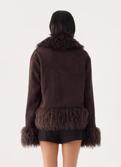 Kamsy Faux Fur Trim Coat - Chocolate