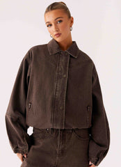 Midwest Washed Denim Bomber Jacket - Light Wash Chocolate