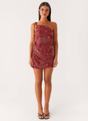 Temptational Beaded One Shoulder Mini Dress - Rust