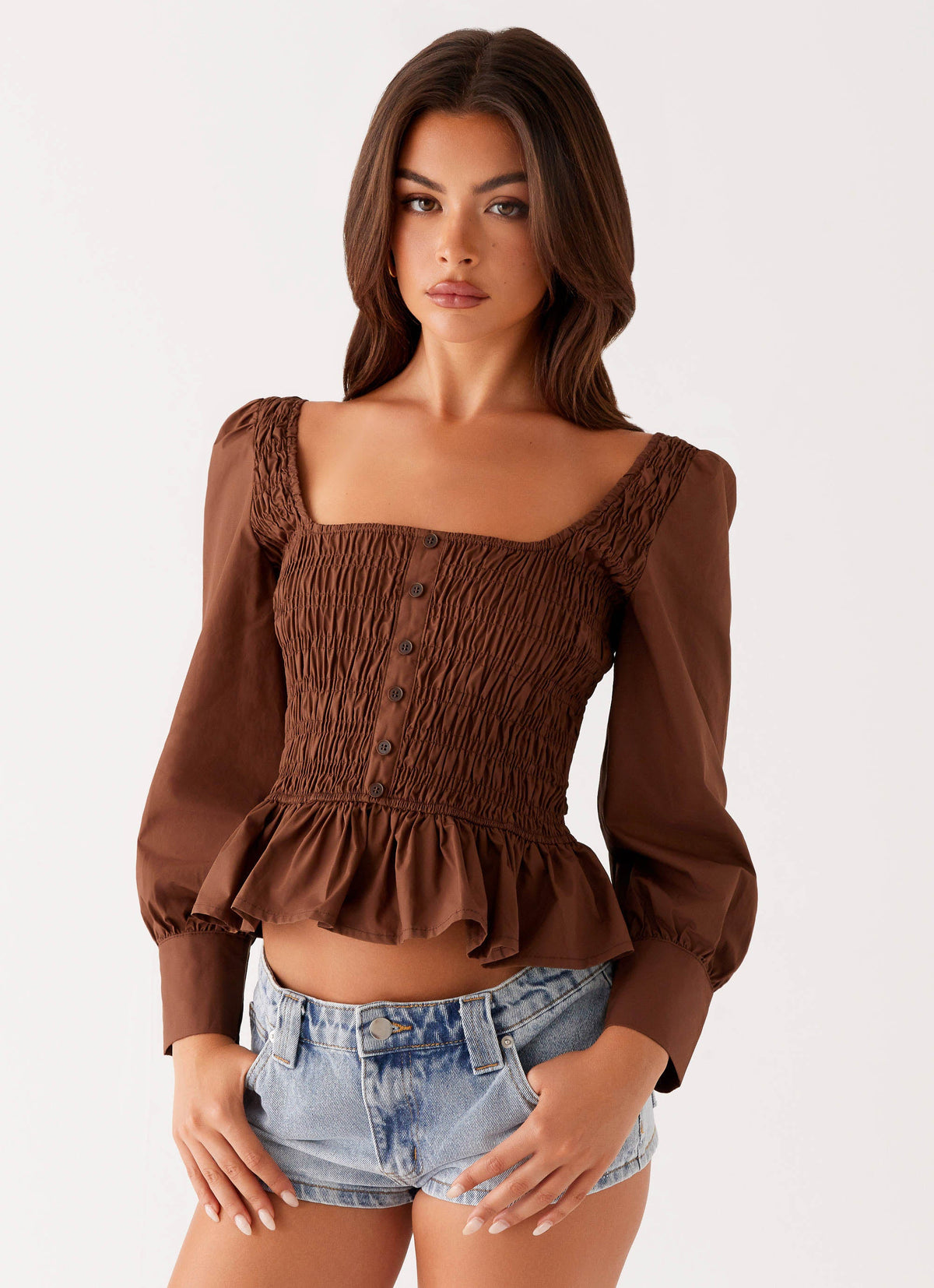 Joyce Long Sleeve Cotton Shirred Top - Chocolate