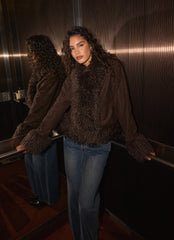 Kamsy Faux Fur Trim Coat - Chocolate