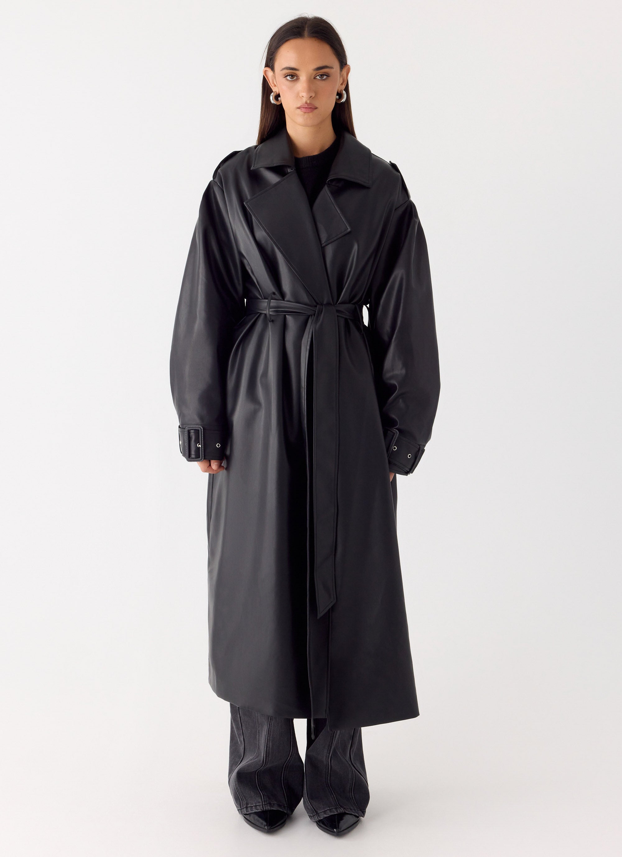 Out On The Town Faux Leather Midi Trench - Black